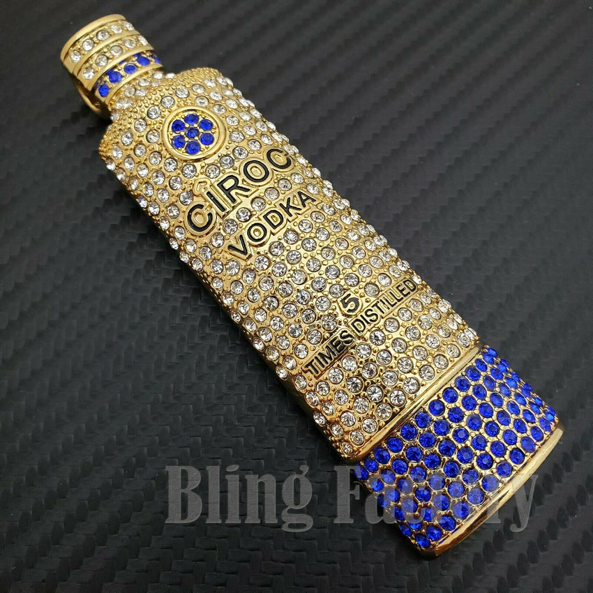 HIP HOP ICED OUT GOLD PLATED LAB DIAMOND CIROC VODKA BOTTLE LARGE PENDANT