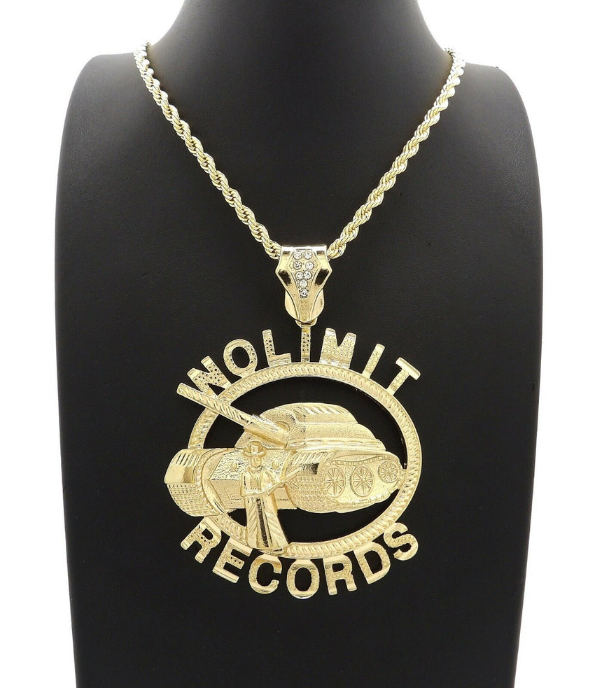 HIP HOP ICED OUT GOLD PT NOLIMIT RECORDS PENDANT & 4mm 24" ROPE CHAIN NECKLACE
