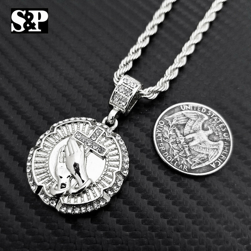 New Hip Hop Iced Out Praying Hand w/ Cross Pendant & 4mm 24" Rope Chain Necklace