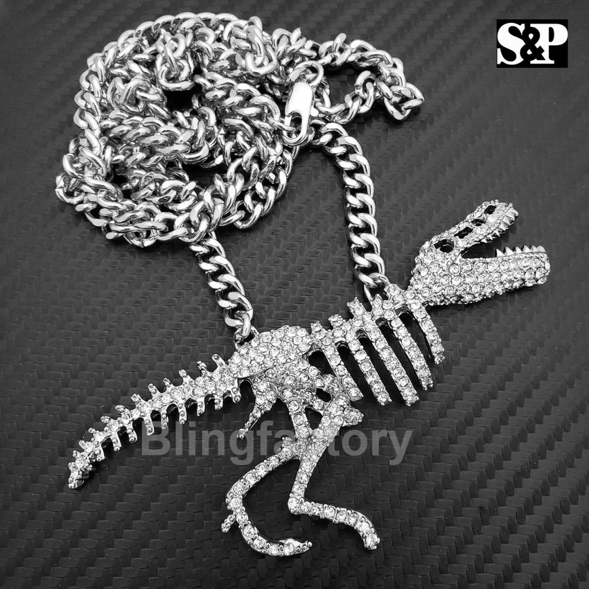 Hip Hop Jewelry Iced T-REX Skeleton Pendant & 6mm 30" Cuban Chain Necklace
