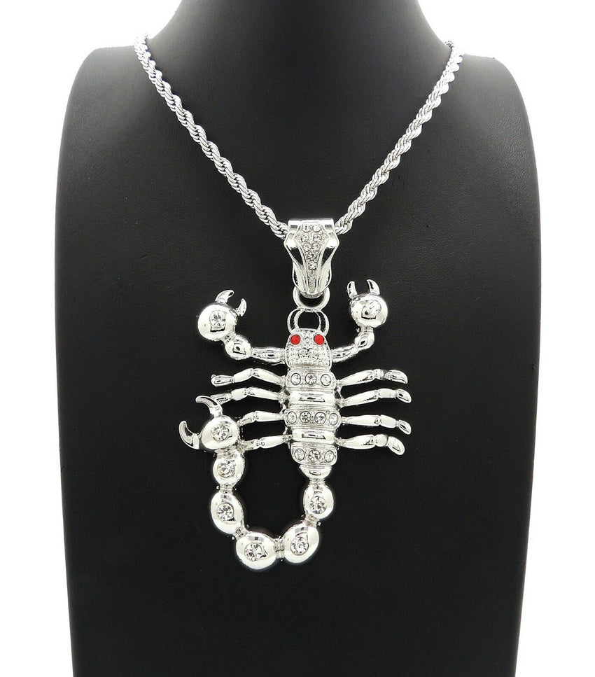 HIP HOP ICED OUT SILVER PLATED SCORPION PENDANT & 4mm 24" ROPE CHAIN NECKLACE