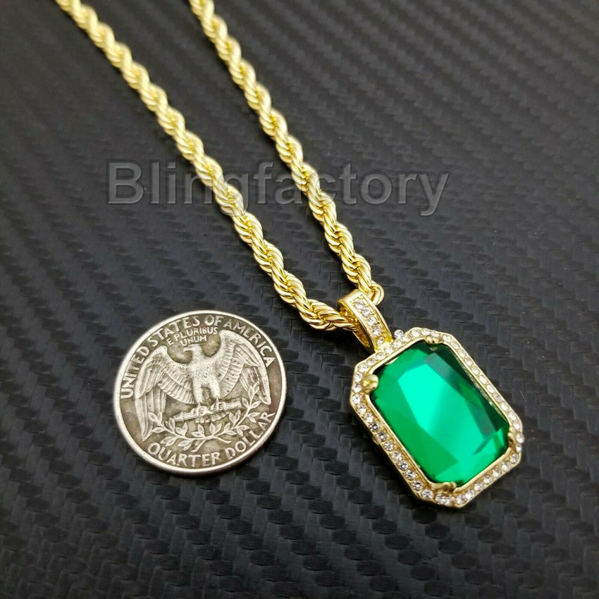 Hip Hop 14K Gold PT Iced Green Ruby CZ Pendant & 4mm 24" Rope Chain Necklace