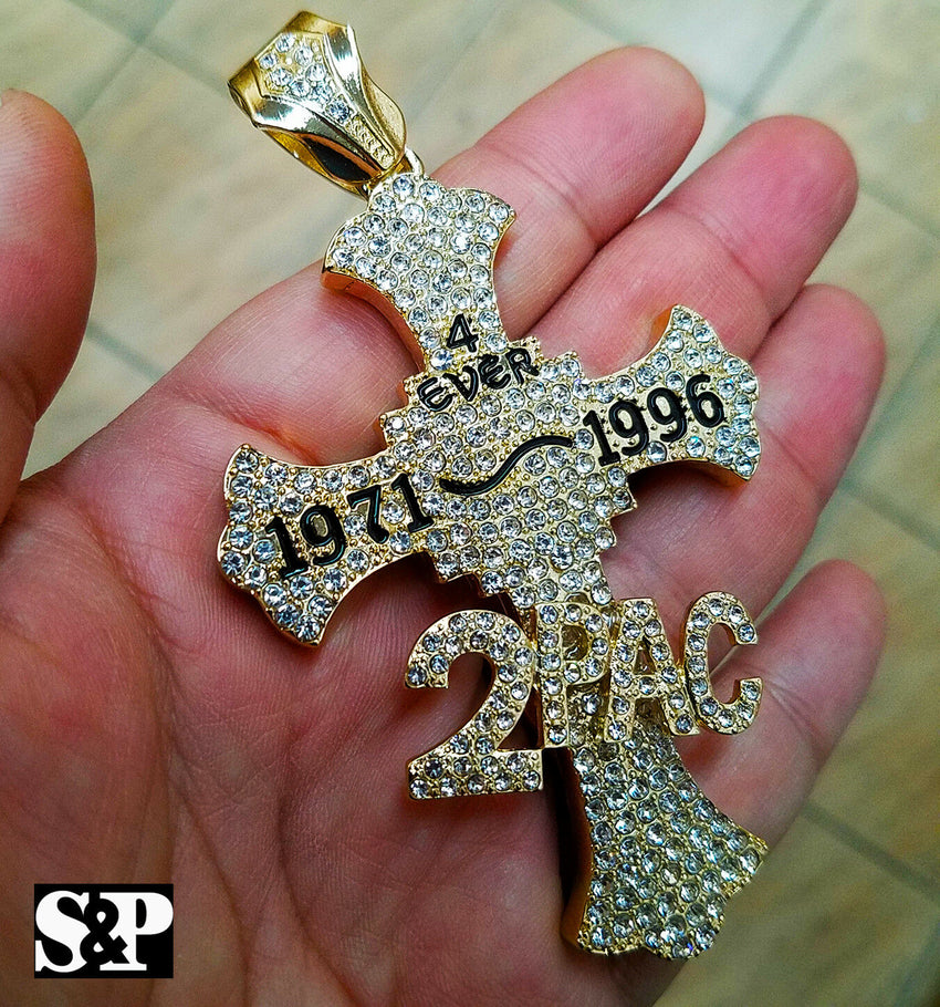 HIP HOP FULL ICED OUT GOLD PLATED RAPPER 2PAC CROSS LARGE PENDANT