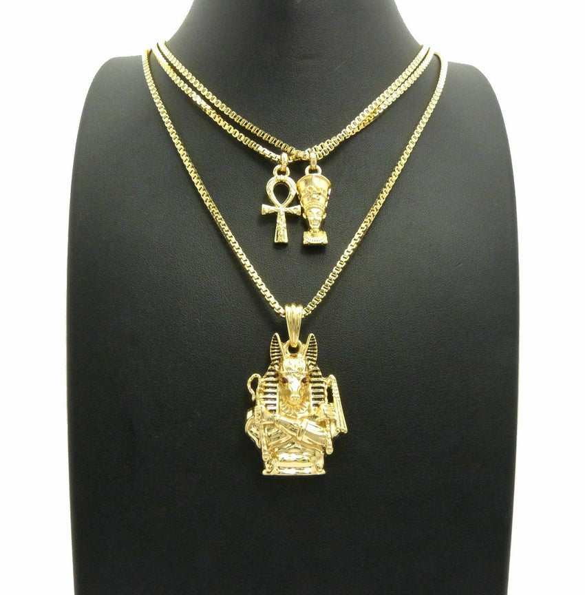 Egyptian Mini Nefertiti, Ankh, Anubis Pendant & 20",24" Box Chain 3 Necklace Set