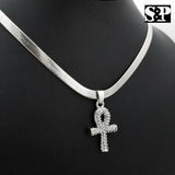Unisex Hip Hop Iced Ankh Pendant, 5mm 20" Herringbone Choker Chain Necklace