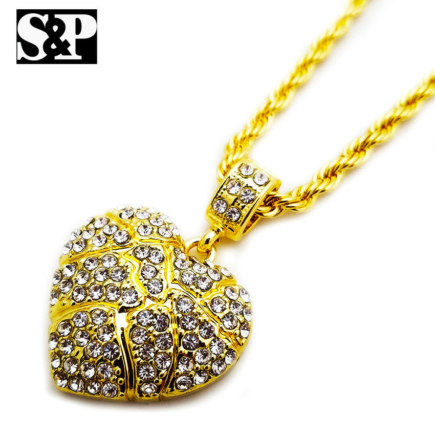Iced Out Gold PT Golden Nugget Heart Pendant & 24" Rope Chain Hip Hop Necklace