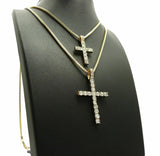 ICED OUT CROSS DOUBLE PENDANT & 2mm 24" & 30" BOX CHAIN 2 NECKLACE SET