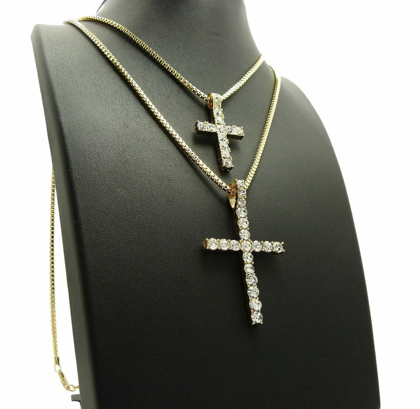 ICED OUT CROSS DOUBLE PENDANT & 2mm 24" & 30" BOX CHAIN 2 NECKLACE SET