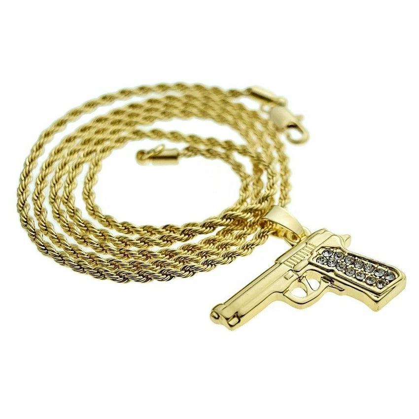 Hip Hop Iced Out Gold Plated CZ Beretta Gun Pendant w/ 24" Rope Chain Necklace