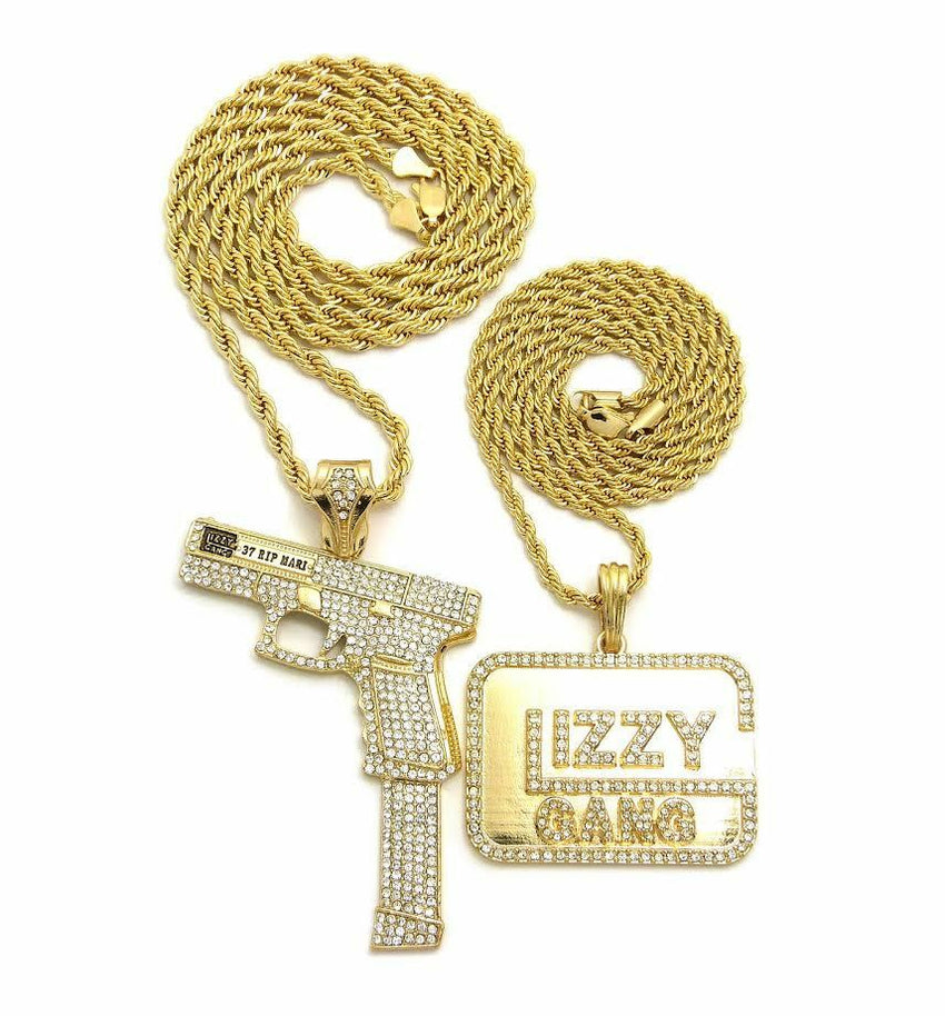 Hip Hop Iced Out 37 Rip Mary & Glizzy Gang Pendant 24",30" Chain 2 Necklace Set