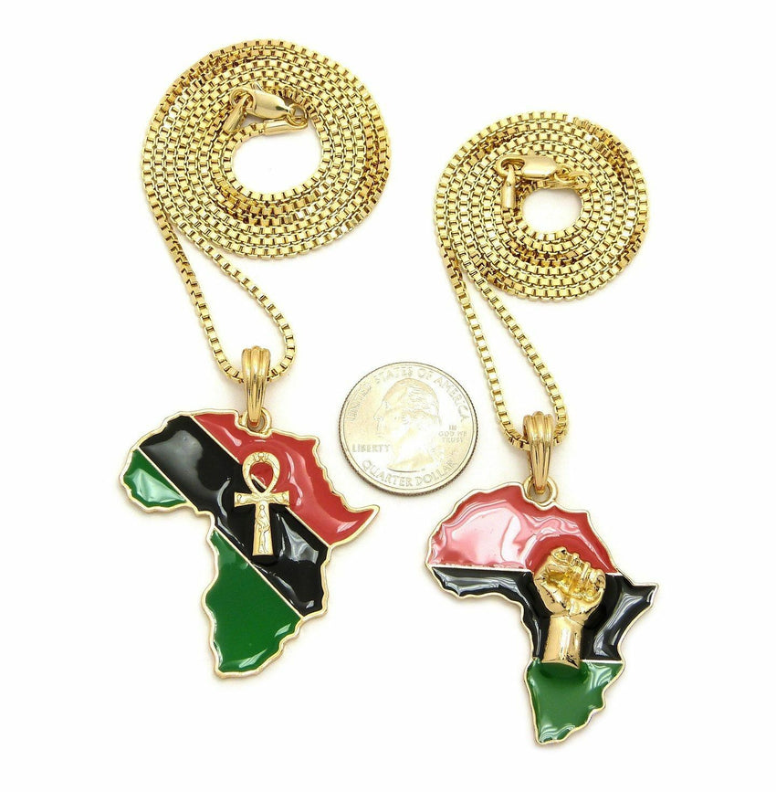 New Fist & Ankh in Africa Pendant w/ 24",30" Box Chain Hip Hop 2 Necklace Set