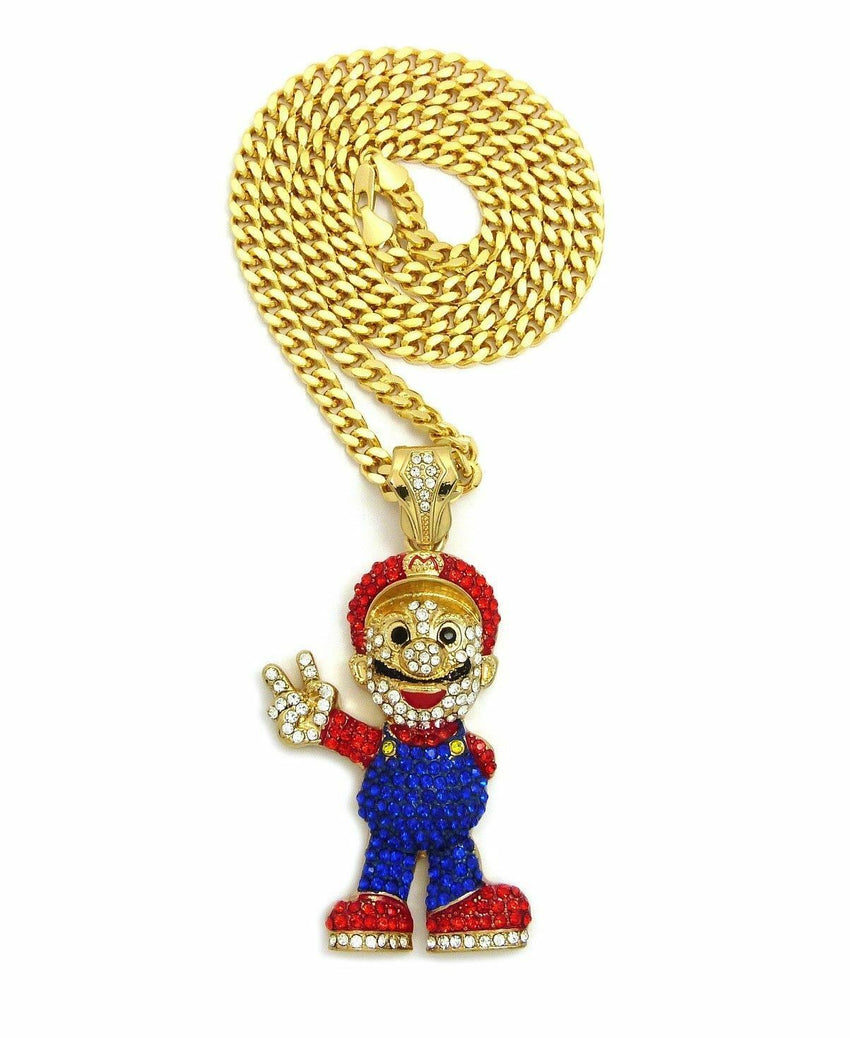 ICED OUT LAB DIAMONDS MARIO PENDANT & 6mm 30" BOX CUBAN CHAIN HIP HOP NECKLACE