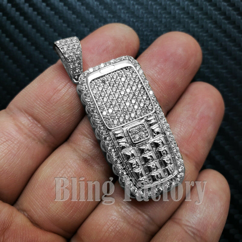 HIP HOP ICED OUT WHITE GOLD PLATED BRASS RETRO THROWAWAY PHONE CHARM PENDANT