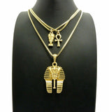 Mini Egyptian Nefertiti, Ankh, Pharaoh Pendant 20",24" Box Chain 3 Necklace Set