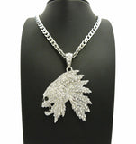 Iced Out Side Skull Cheif Face Pendant & 7mm 30" Cuban Chain Hip Hop Necklace