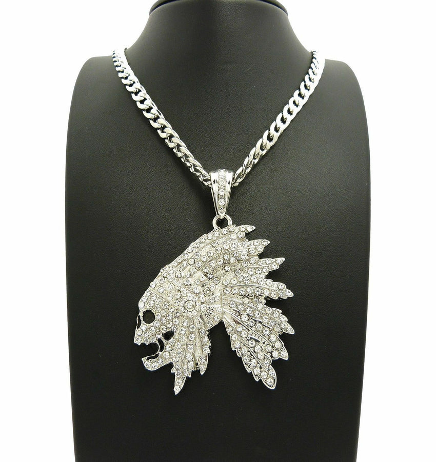 Iced Out Side Skull Cheif Face Pendant & 7mm 30" Cuban Chain Hip Hop Necklace