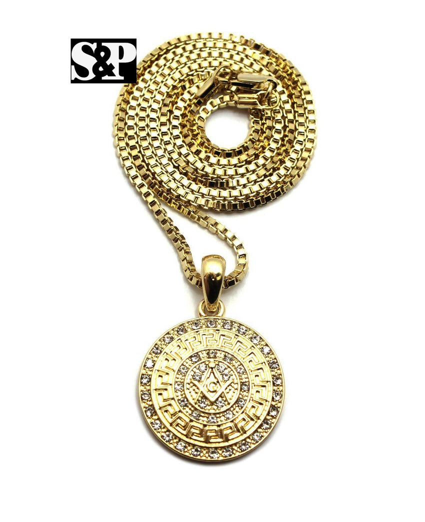 Iced Out Gold PT FREEMASON Masonic Pendant & 2mm 24" Box Chain Hip Hop Necklace