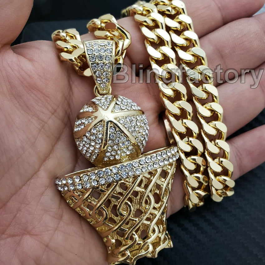 Large Gold Basketball Rim Pendant & 10mm 30" Cuban Heavy Chain Hip Hop Necklace