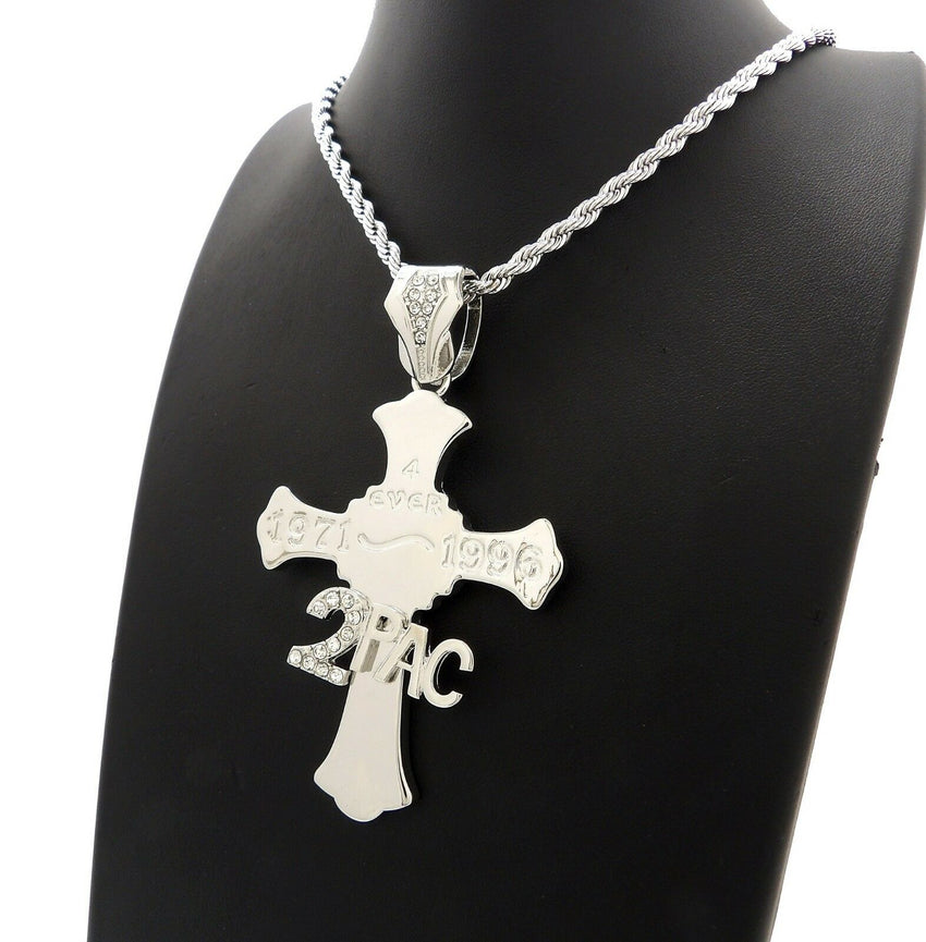 HIP HOP ICED OUT 2PAC 4EVER CROSS PENDANT & 4mm 24" ROPE CHAIN NECKLACE