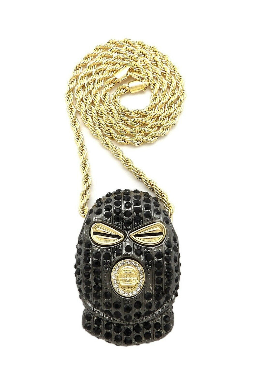 HIP HOP ICED OUT GOLD PT MASKED GOON PENDANT & 4mm 24" ROPE CHAIN NECKLACE
