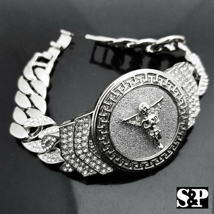 New Hip Hop White Gold Plated 8.5" CZ Full Iced Out Baby Angel Cuban Bracelet