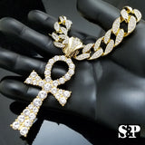 Hip Hop Egyptian Ankh Pendant & 15mm 18" Iced Out Cuban Choker Chain Necklace