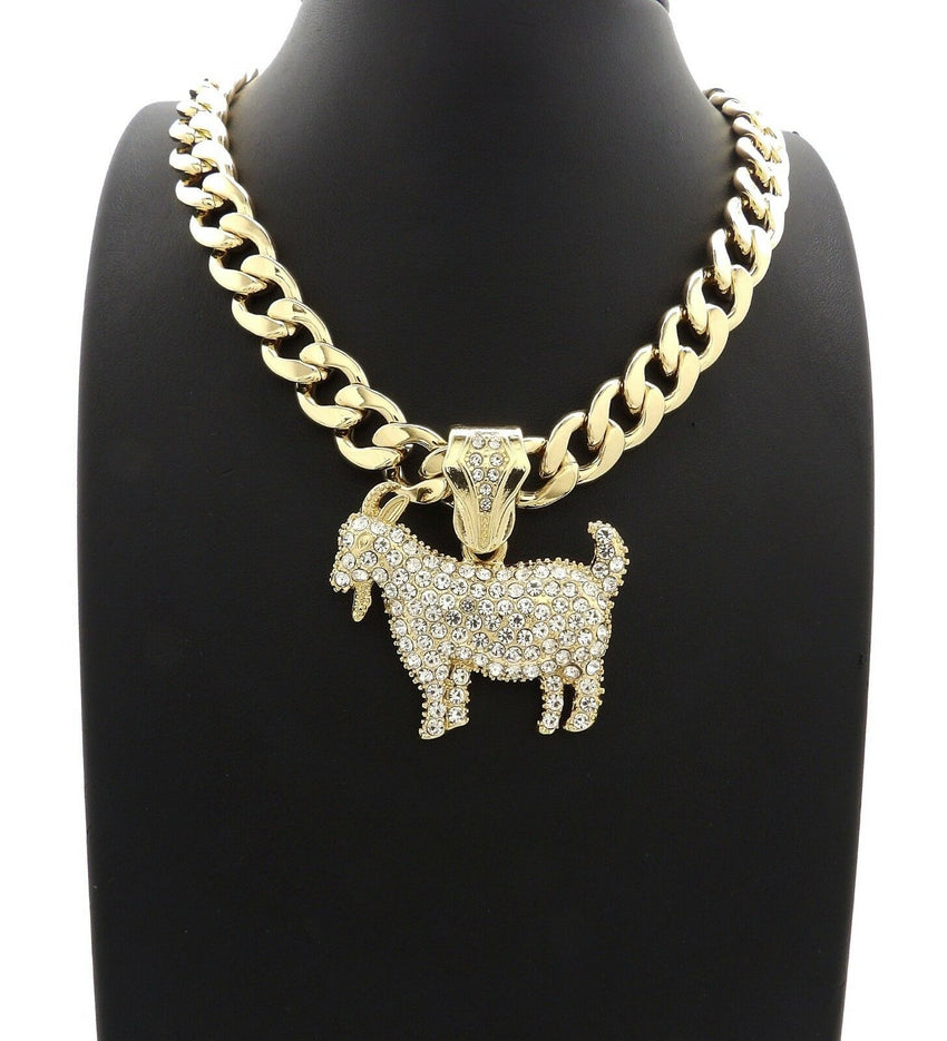 Hip Hop Iced Out Gold plated GOAT Pendant & 11mm 20" Cuban Choker Chain Necklace