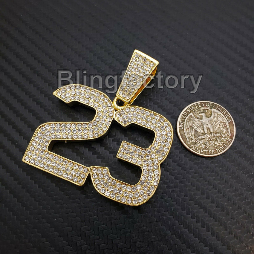 HIP HOP ICED OUT 14K GOLD PLATED BLING LAB DIAMOND LARGE NUMBER 23 CHARM PENDANT