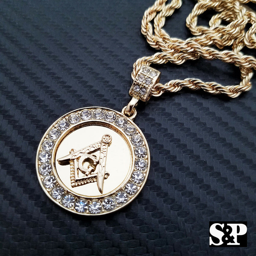 Hip Hop Iced Out Freemason Masonic Round CZ Pendant w/ 24" Rope Chain Necklace