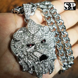Silver PT Big Lion Head Pendant & 10mm 30" Cuban Heavy Chain Hip Hop Necklace
