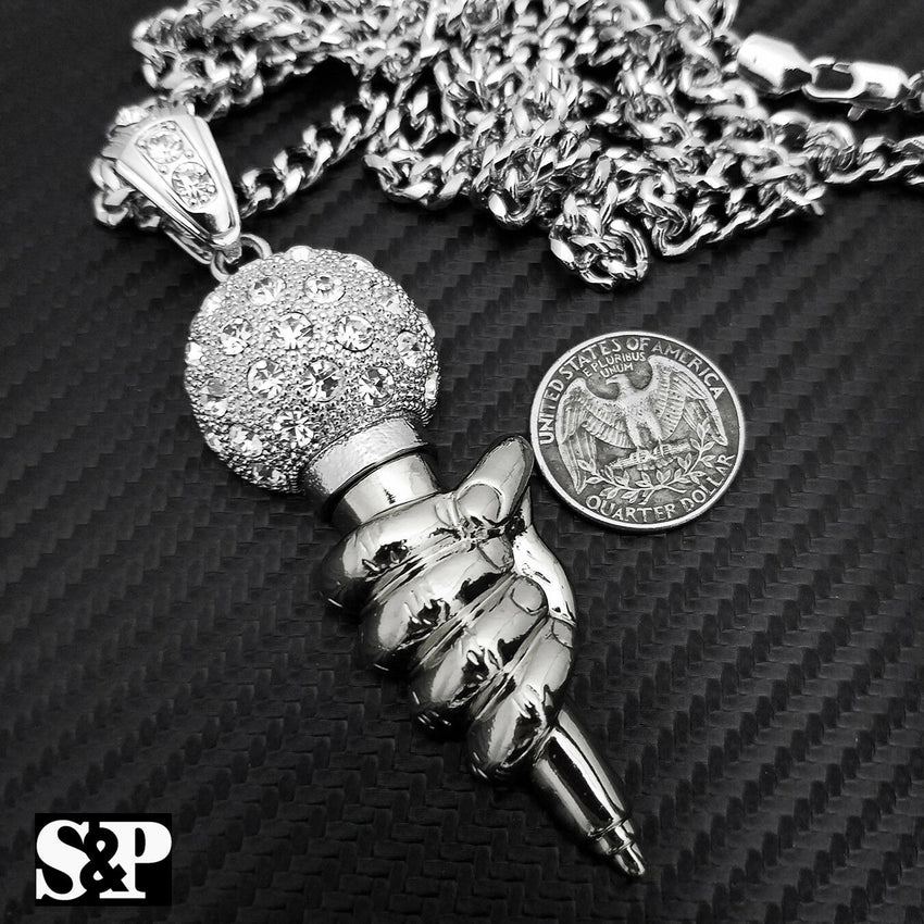 Iced Out Silver Tone MIC Hand Pendant & 6mm 30" Cuban Chain Hip Hop Necklace