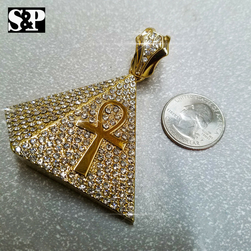 HIP HOP RAPPER'S ICED OUT GOLD PLATED EGYPTIAN ANKH CROSS PYRAMID PENDANT