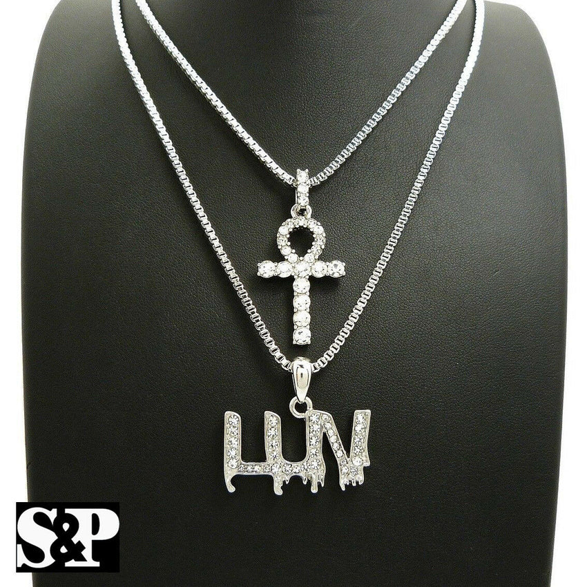 ICED OUT MINI ANKH CROSS & LUV PENDANT W/ 20" 24" BOX CHAIN HIP HOP NECKLACE SET