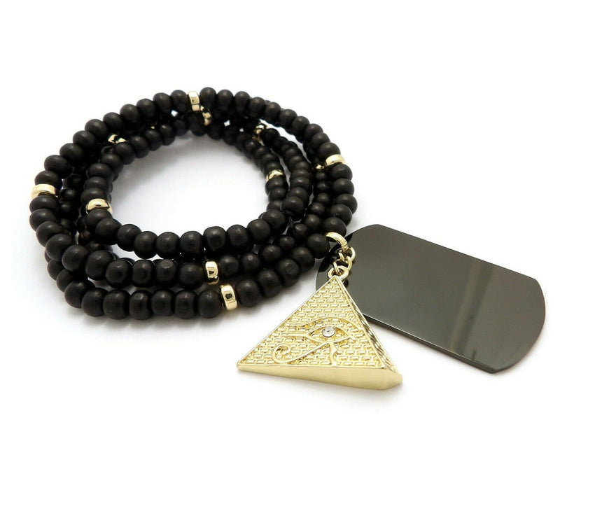 Hip Hop Iced Egyptian Pyramid & Dog Tag Pendant w/ 6mm 30" Wooden Bead Necklace