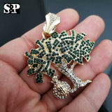 ICED OUT 14K GOLD PT LAB DIAMONDS DOLLAR MONEY BAG TREE PENDANT CHARM