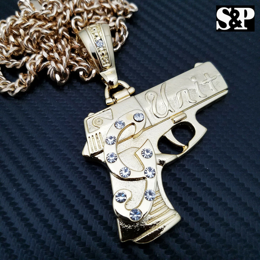 Iced Out Gold Plated G UNIT GUN Pendant & 6mm 30" Cuban Chain Hip Hop Necklace
