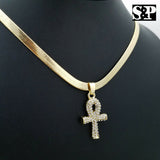 Unisex Hip Hop Iced Out Ankh Pendant w/ 5mm 20" Herringbone Chain Necklace