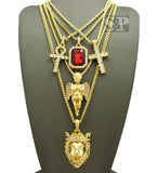 Hip Hop Iced Out Ankh, Cross, Red Ruby, Angel, Lion Head Pendant 5 Necklace Set