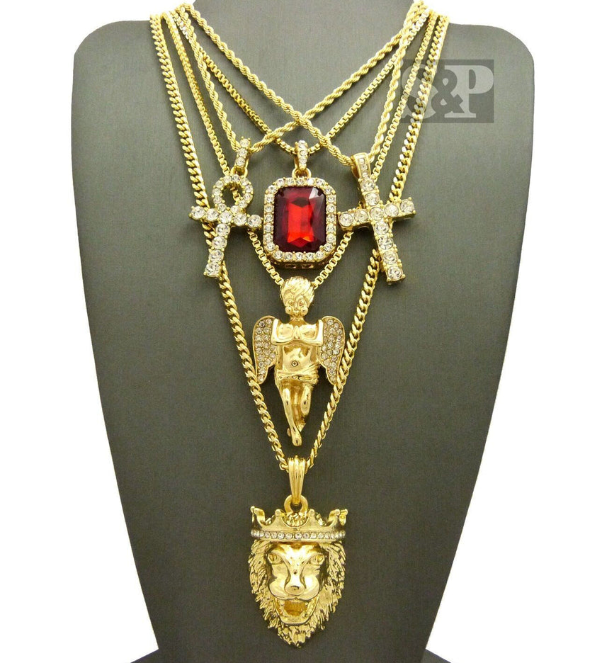 Hip Hop Iced Out Ankh, Cross, Red Ruby, Angel, Lion Head Pendant 5 Necklace Set