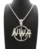 HIP HOP ICED OUT WHITE GOLD PLATED NWA PENDANT & 4mm 24" ROPE CHAIN NECKLACE