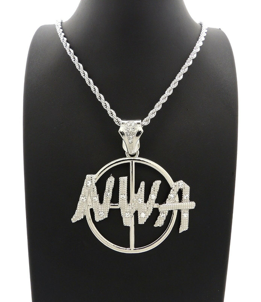 HIP HOP ICED OUT WHITE GOLD PLATED NWA PENDANT & 4mm 24" ROPE CHAIN NECKLACE