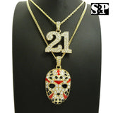ICED OUT SAVAGE 21 & SLAUGHTER GANG MASK PENDANT & CHAINS 2 NECKLACE COMBO SET