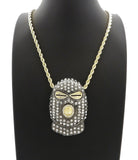 HIP HOP ICED OUT GOLD PT MASKED GOON PENDANT & 4mm 24" ROPE CHAIN NECKLACE