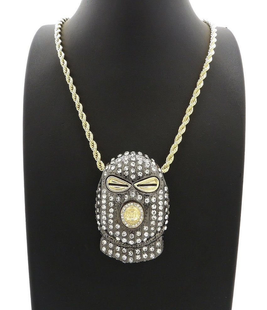 HIP HOP ICED OUT GOLD PT MASKED GOON PENDANT & 4mm 24" ROPE CHAIN NECKLACE