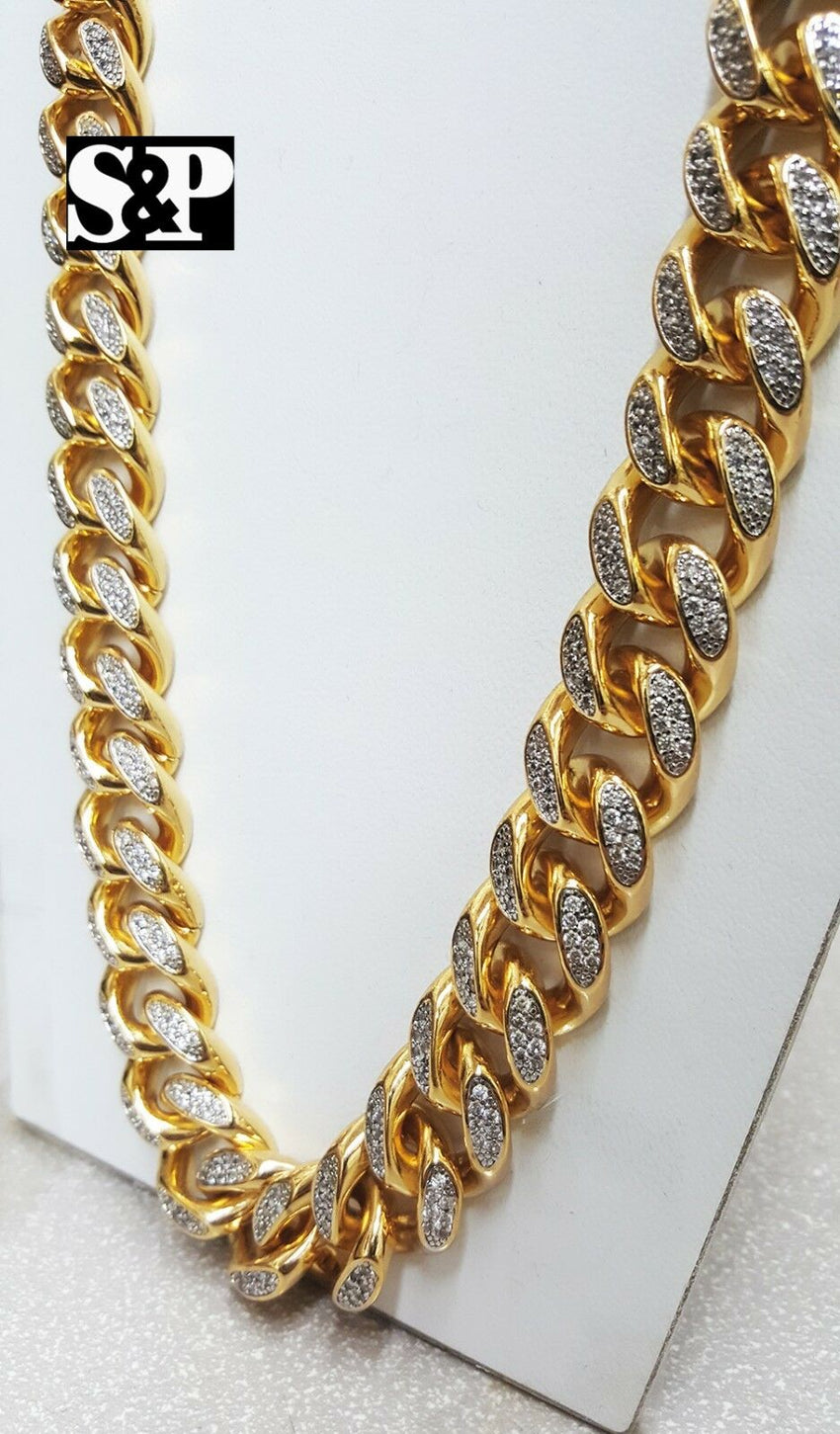 Hip Hop Rapper Iced Out 17mm 30" Brass Gold Plated Miami Cuban Chain Necklace