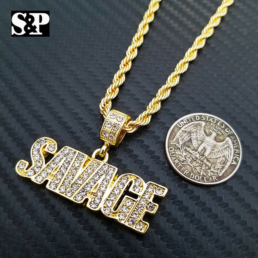 Iced Out Gold PT Hip Hop Savage 21 Pendant & 4mm 24" Rope Chain Hip Hop Necklace