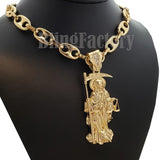 Saint Death Santa Muerte Pendant & 20" Marina Chain & 18" Iced Cuban Choker Chain Necklace Set