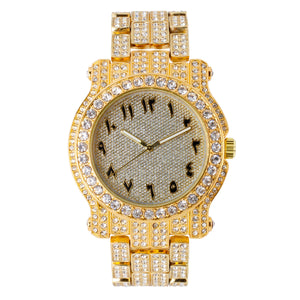 Hip Hop Iced Bling ARABIC NUMERAL INDEX Gold Plated Bling Lab Diamond Metal Wrist Watch