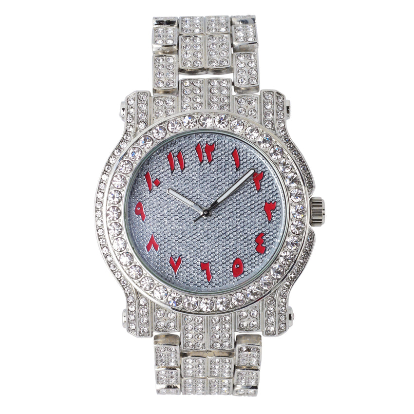 Hip Hop Iced Bling Red ARABIC NUMERAL INDEX White Gold Plated Bling Lab Diamond Metal Wrist Watch