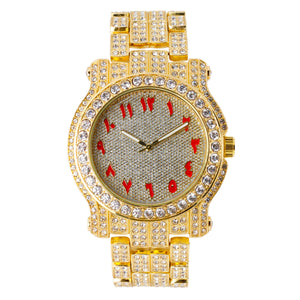 Hip Hop Iced Bling Red ARABIC NUMERAL INDEX Gold Plated Bling Lab Diamond Metal Wrist Watch